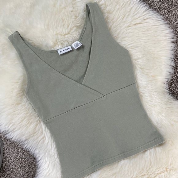 Vintage 90s Y2k Energie Sage Green Faux Wrap Babydoll Soft Girl Tank Top sz M - Picture 2 of 6